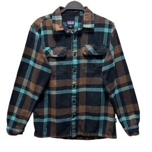 Patagonia Mens Organic Cotton Plaid Button-Up Shirt S Brown & Teal Long Sleeve